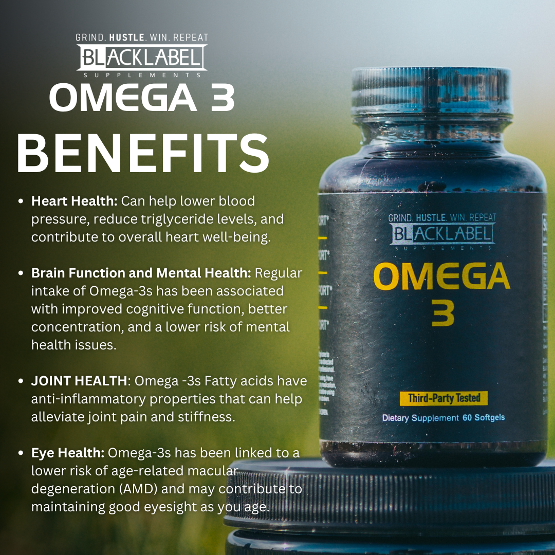 Omega 3 supplement bottle with benefits text on a green background