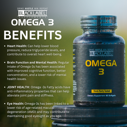 Omega 3 supplement bottle with benefits text on a green background