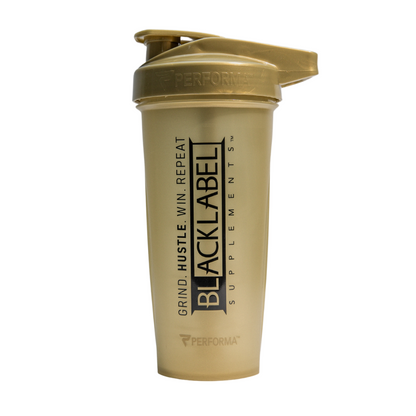 Black Label 28oz shaker cup, designed for athletes to mix protein powders and supplements.
