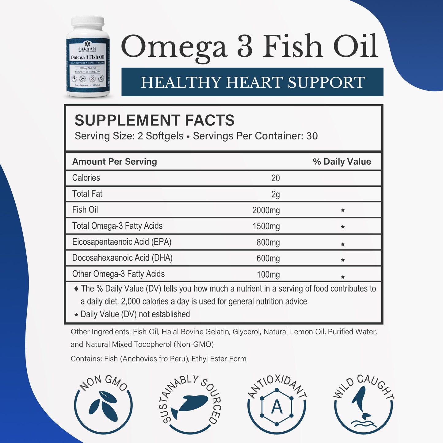 Halal Fish Oil Omega-3 2000mg with EPA & DHA – 60 Softgels | Heart & Brain Support