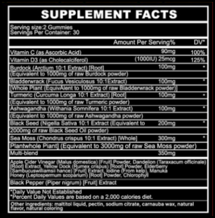 Sea Moss Extra Strength Vegan Gummies / Black Seed Oil, Ashwagandha & Burdock Root (60 Gummies)