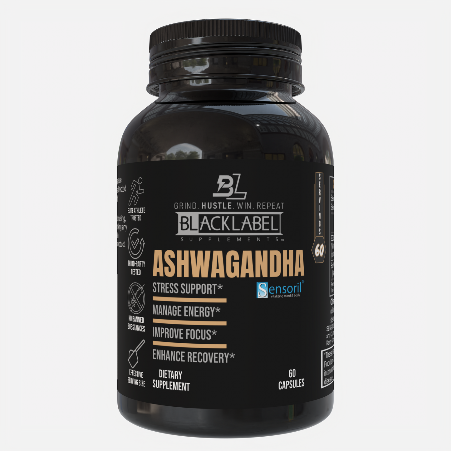 Premium Sensoril® Ashwagandha supplement for stress reduction, focus, and muscle recovery.