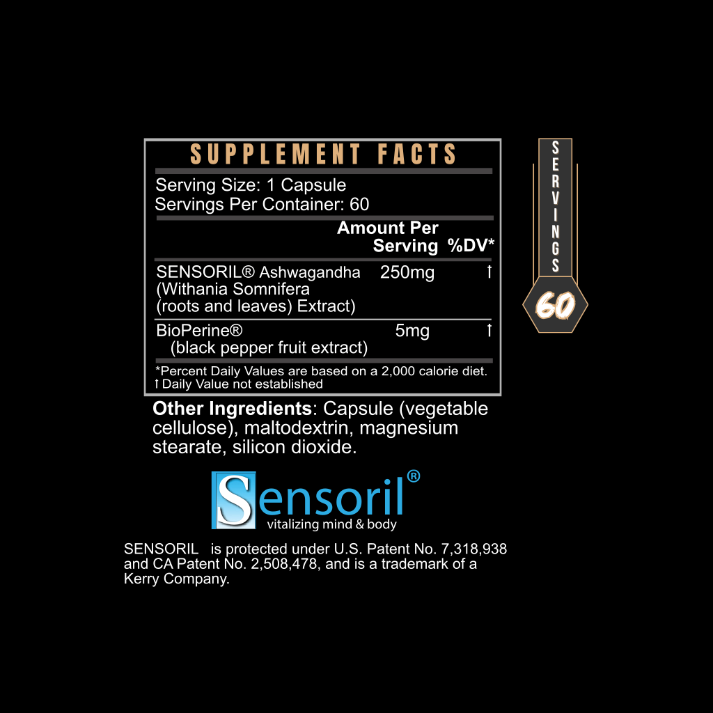 Supplement facts showing Sensoril® Ashwagandha with black pepper extract for absorption.