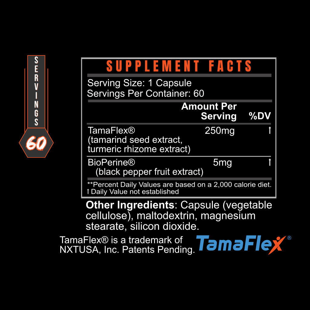 Label of TamaFlex® showing tamarind, turmeric, and black pepper extract for joint health