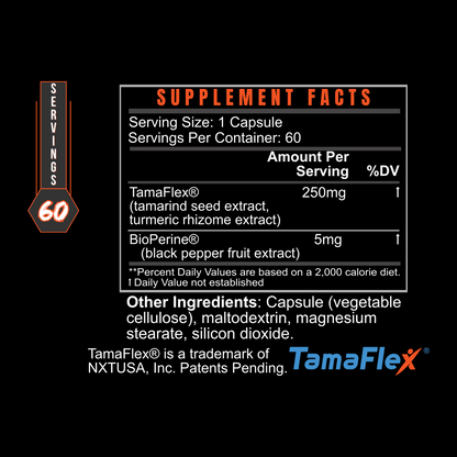 Label of TamaFlex® showing tamarind, turmeric, and black pepper extract for joint health