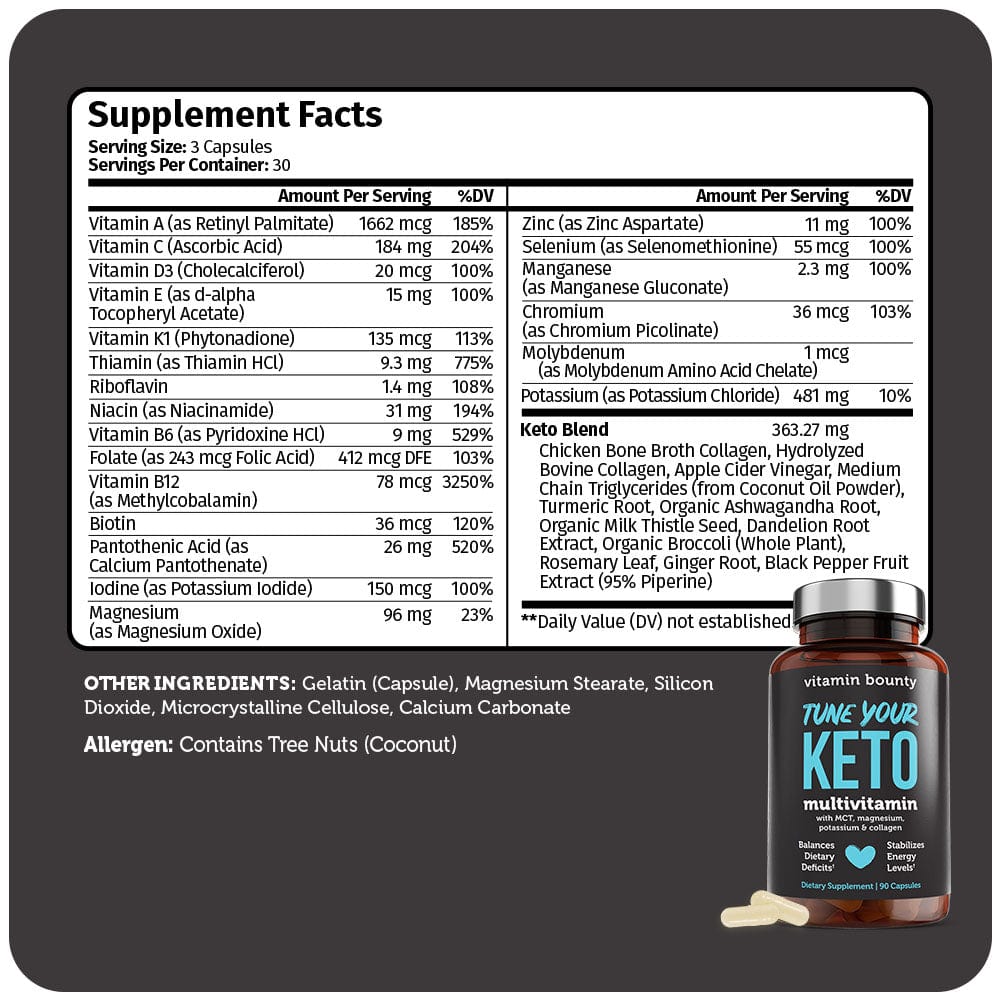 Tune Your Keto / Multivitamin with MCT, Magnesium, Potassium & Collagen (90 Capsules)