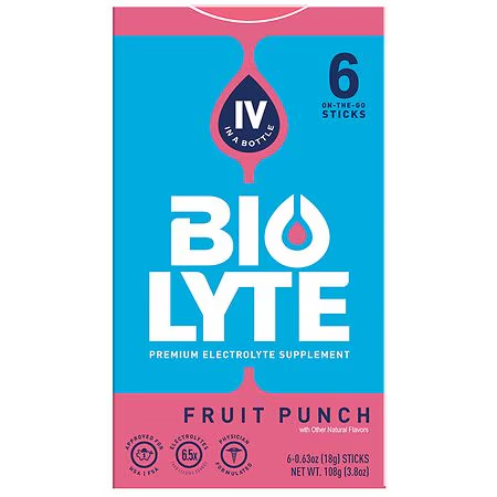 BIOLYTE Premium Electrolyte Supplement Fruit Punch - 0.63 oz x 6 pack