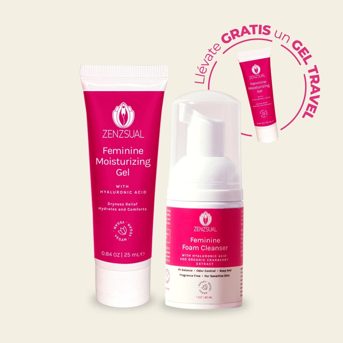 Zenzsual Feminine Travel Kit / Moisturizing Gel + Gentle Foam Cleanser (With Hyaluronic Acid)