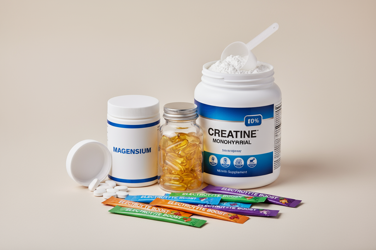 suplementos, omega 3, magnecio, creatina monohidrato en polvo y stick de electrolitos