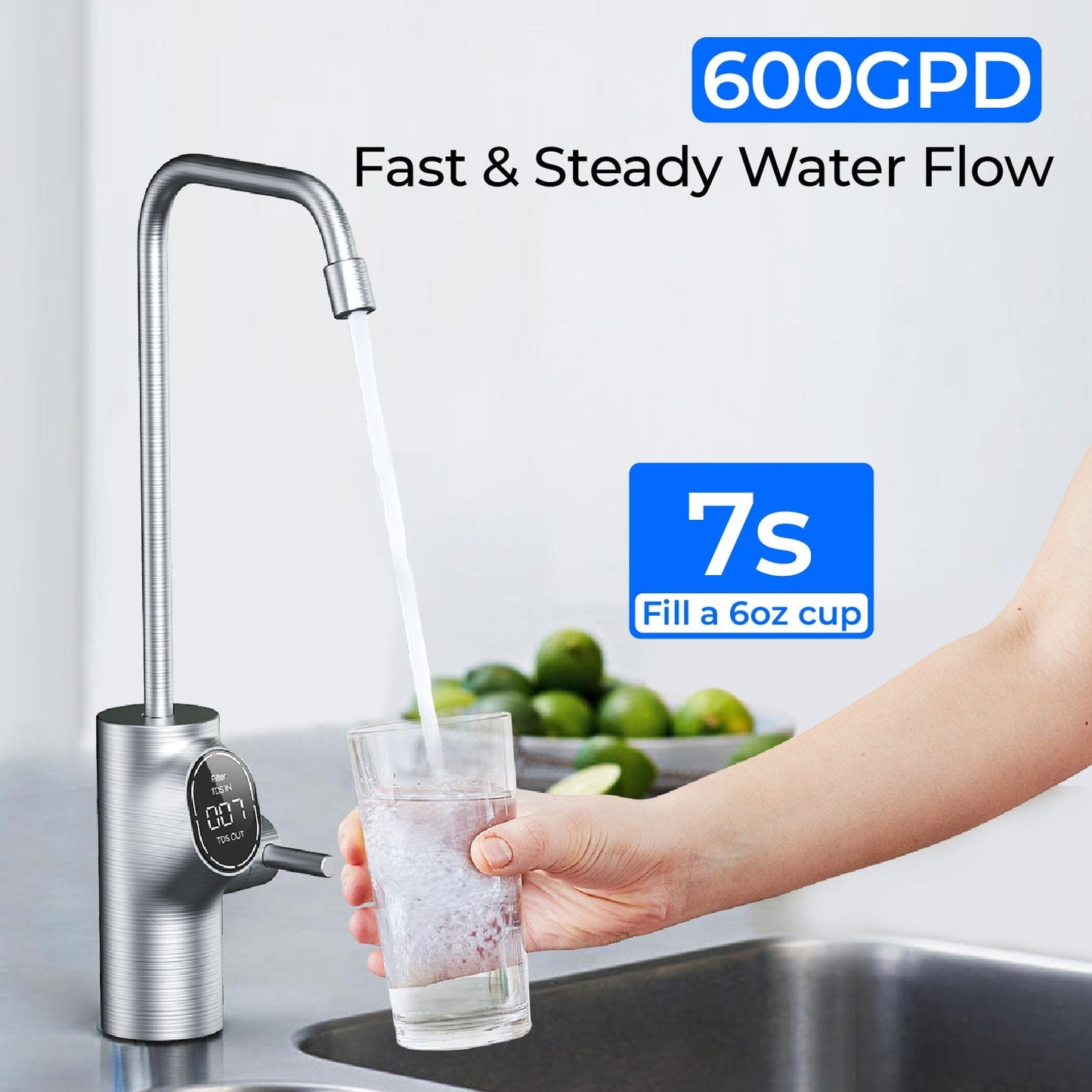 600 GPD Tankless Reverse Osmosis Water Filter with Smart LED Faucet